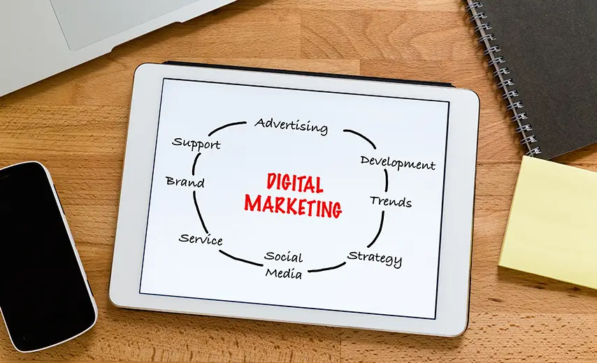 Digital marketing with the digital tablet on the desk